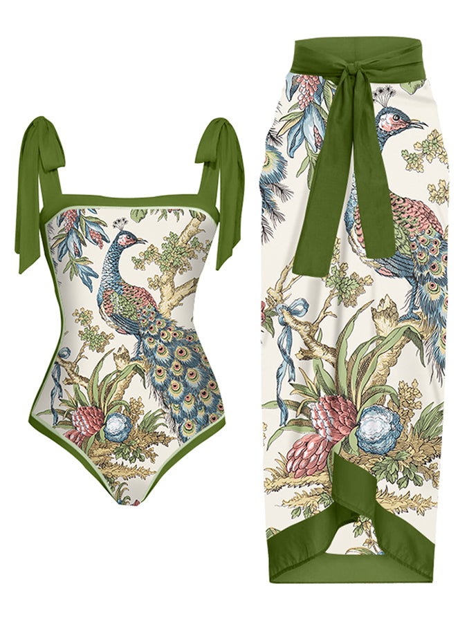 Vintage Animal And Botanical Print One-Piece Swimsuit Set